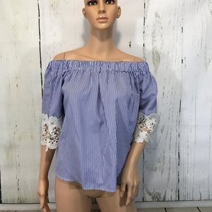 Girl Evolution Off The Shoulder Top Size Medium 3/4 Lace Sleeve Stripes